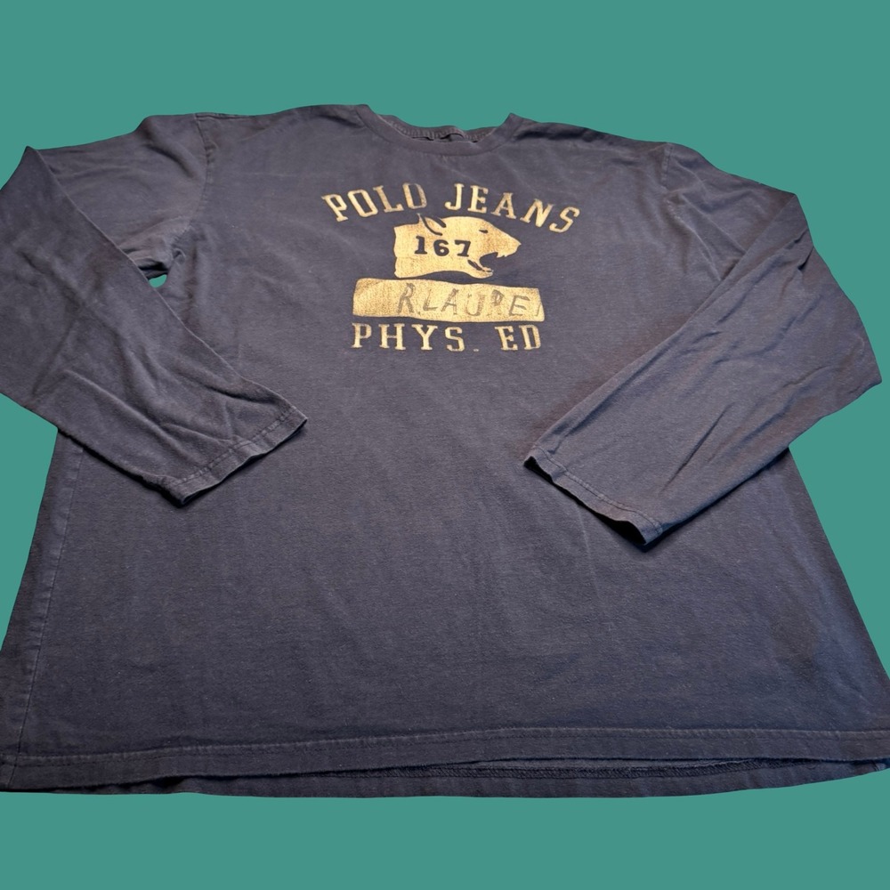 Polo Jeans Co Long Sleeve T Shirt Large Navy Phys Ed Graphic Vintage Y2K